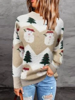 Women's Ugly Christmas Sweater Pullover Sweater Jumper Crew Neck Ribbed Knit Polyester Knitted Fall Winter Tunic Outdoor Christmas New Year Stylish Casual Soft Long Sleeve Snowman Xmas Tree Pink -Xmas Cothing Store dlsbxf1667638917123