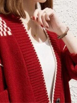 Women's Cardigan Sweater Open Front Ribbed Knit Polyester Button Pocket Fall Winter Short Outdoor Christmas Daily Stylish Casual Soft Long Sleeve Plaid Shallow Rice Red Orange One-Size Xmas -Xmas Cothing Store dltspw1695262424265