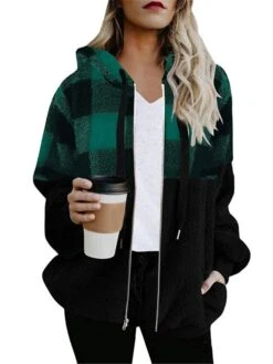 Women's Winter Sherpa Jacket Christmas Plaid Fleece Teddy Coat With Hood Fall Zipper Coat Warm Windproof Stylish Casual Street Xmas Jacket Long Sleeve -Xmas Cothing Store dnonvr1692354211382