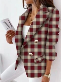 Women's Blazer Christmas Plaid Jacket Double Breasted Lapel Blazer With Pockets Fall Formal Office Elegant Modern Outerwear Xmas Long Sleeve Winter Wine Red -Xmas Cothing Store domedn1668422142559