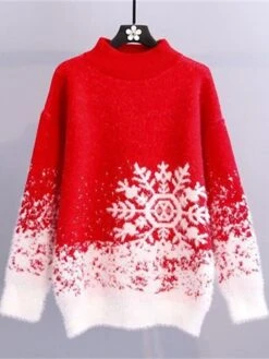 Women's Pullover Sweater Jumper Crew Neck Ribbed Knit Acrylic Oversized Fall Winter Short Christmas Daily Going Out Xmas Stylish Casual Soft Long Sleeve Snowflake Pink Red Blue S M L -Xmas Cothing Store doyhsi1695175909891