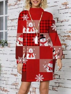 Women's Ugly Christmas Sweater Sweater Dress Christmas Sweaters Stand Collar Ribbed Knit Polyester Knitted Print Fall Winter Long Outdoor Christmas Holiday Daily Stylish Casual Long Sleeve Plaid