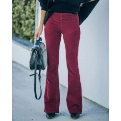 Women's Jeans Bootcut Flare Full Length Corduroy Micro-elastic Mid Waist Fashion Party Christmas Wine Red S M -Xmas Cothing Store dpyucf1656645248187