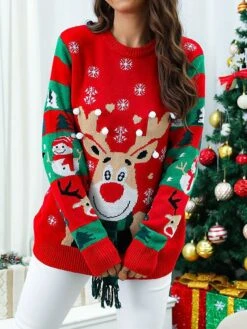 Women's Ugly Christmas Sweater Pullover Sweater Jumper V Neck Ribbed Knit Polyester Knitted Print Fall Winter Regular Outdoor Xmas Holiday Daily Stylish Casual Long Sleeve Print Snowflake Wine -Xmas Cothing Store drqjkf1697290834316