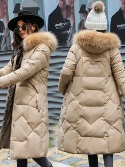 Women's Puffer Jacket Long With Pockets Fur Collar Coat Black Khaki Off-white Red Stylish Christmas Winter Zipper Hoodie Regular Fit L XL XXL XXXL / Daily / Casual / Windproof / Solid Color -Xmas Cothing Store druoax1634211028277