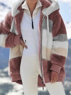 Women's Plus Size Fleece Sherpa Jacket Teddy Coat With Hood Christmas Windproof Warm Zipper Coat Fashion Plush Outdoor Xmas Casual Color Block Regular Fit Outerwear Long Sleeve Fall -Xmas Cothing Store drxncw1695715074228
