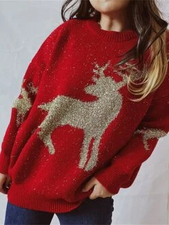 Women's Ugly Christmas Sweater Pullover Sweater Jumper Crew Neck Ribbed Knit Acrylic Oversized Fall Winter Regular Outdoor Xmas Daily Stylish Casual Soft Long Sleeve Elk Red Beige S M L -Xmas Cothing Store dsegqa1696823464007