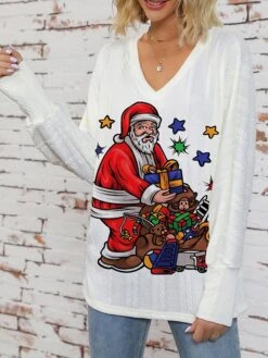 Women's Ugly Christmas Sweater Pullover Sweater Jumper V Neck Ribbed Knit Polyester Knitted Print Fall Winter Regular Outdoor Christmas Holiday Daily Stylish Casual Long Sleeve Letter Santa Claus