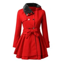 Women's Winter Coat Long Overcoat With Belt Christmas Party Xmas Wear Warm Double Breasted Pea Coat With Fur Collar Fall Trench Coat Red Black Khaki Elegant Outerwear CasualJacket