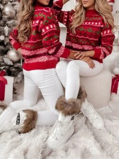 Women's Pullover Sweater Jumper Crew Neck Ribbed Knit Polyester Oversized Fall Winter Short Christmas Daily Going Out Xmas Stylish Casual Soft Long Sleeve Geometric Red S M L -Xmas Cothing Store duzgty1695209501911