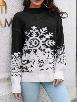 Women's Ugly Christmas Sweater Pullover Sweater Jumper Crew Neck Ribbed Knit Acrylic Oversized Fall Winter Short Xmas Daily Going Out Stylish Casual Soft Long Sleeve Snowflake Black Red S M L -Xmas Cothing Store dvckwh1695209510589