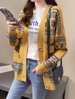 Women's Ugly Christmas Sweater Cardigan Sweater Jacket V Neck Ribbed Knit Polyester Button Pocket Knitted Fall Winter Regular Outdoor Christmas Daily Stylish Ethnic Style Casual Long Sleeve Geometric -Xmas Cothing Store dvdbwx1697291430382