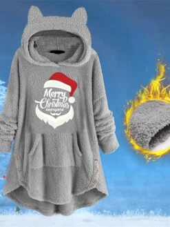 Women's Sherpa Jacket Fleece Jacket Teddy Coat Windproof Warm Outdoor Christmas Daily Wear Going Out Pocket Print Pullover Hoodie Comfortable Plush Christmas Letter Regular Fit Outerwear Long Sleeve -Xmas Cothing Store dxcnze1667211814036