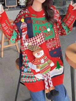 Women's Ugly Christmas Sweater Pullover Sweater Jumper Crew Neck Ribbed Knit Acrylic Embroidered Pocket Knitted Fall Winter Outdoor Xmas Daily Stylish Casual Soft Long Sleeve Santa Claus Snowman -Xmas Cothing Store dxpmbv1668219605593