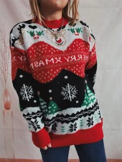 Women's Ugly Christmas Sweater Pullover Sweater Jumper Crew Neck Ribbed Knit Polyester Oversized Fall Winter Regular Outdoor Christmas Daily Stylish Casual Soft Long Sleeve Letter Elk Christmas Tree -Xmas Cothing Store dyjgji1696823466033