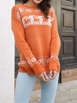 Women's Ugly Christmas Sweater Pullover Sweater Jumper Crew Neck Ribbed Knit Acrylic Patchwork Fall Winter Regular Outdoor Xmas Daily Stylish Vintage Style Casual Long Sleeve Elk Snowflake Orange -Xmas Cothing Store dyjhsq1695209494993