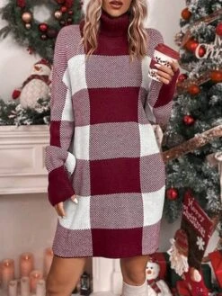 Women's Ugly Christmas Sweater Sweater Dress Christmas Sweaters Turtleneck Ribbed Knit Polyester Knitted Fall Winter Long Outdoor Christmas Daily Stylish Casual Soft Long Sleeve Plaid Red S M L -Xmas Cothing Store dzhpmh1697697876941