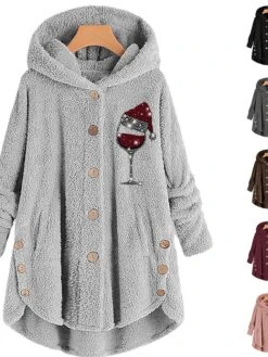 Women‘s Plus Size Christmas Fleece Jacket Teddy Coat Warm Button Pocket Graphic Hat Outdoor Xmas Long Sleeve Hooded Regular Winter Fall Black Pink Wine L XL XXL 3XL 4XL