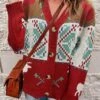 Women's Ugly Christmas Sweater Cardigan Sweater Jacket V Neck Ribbed Knit Polyester Button Knitted Fall Winter Regular Outdoor Christmas Daily Stylish Casual Soft Long Sleeve Geometric Color Block Elk -Xmas Cothing Store ecgvzn1697290855678