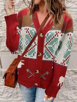 Women's Ugly Christmas Sweater Cardigan Sweater Jacket V Neck Ribbed Knit Polyester Button Knitted Fall Winter Regular Outdoor Christmas Daily Stylish Casual Soft Long Sleeve Geometric Color Block Elk