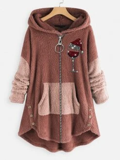 Women‘s Plus Size Christmas Fleece Jacket Teddy Coat Warm Button Pocket Hat Causal Long Sleeve Hooded Regular Winter Fall Xmas Green Pink Dark Gray L XL XXL 3XL 4XL -Xmas Cothing Store ecyhhs1667564230060