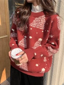 Women's Ugly Christmas Xmas Sweater Pullover Sweater Jumper Pullover Crew Neck Crochet Knit Cotton Knitted Fall Winter Christmas Daily Casual Long Sleeve Christmas Tree Red One-Size -Xmas Cothing Store edcvjk1661148402530