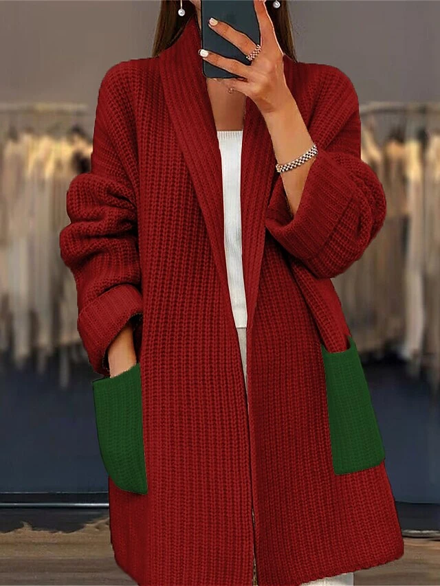 Women's Cardigan Open Front Ribbed Knit Polyester Pocket Fall Winter Long Christmas Going Out Casual Soft Long Sleeve Color Block Wine Army Green S M L 5 Women's Cardigan Open Front Ribbed Knit Polyester Pocket Fall Winter Long Christmas Going Out Casual Soft Long Sleeve Color Block Wine Army Green S M L - Image 3