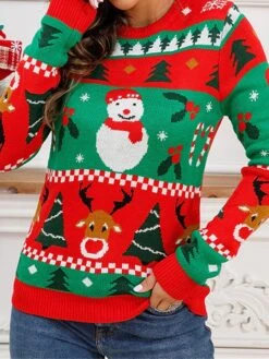 Women's Ugly Christmas Sweater Pullover Sweater Jumper Crew Neck Ribbed Knit Acrylic Patchwork Fall Winter Regular Xmas Daily Going Out Stylish Casual Soft Long Sleeve Snowman Christmas Tree Red -Xmas Cothing Store edgtdw1695209487506