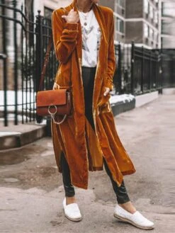 Women's Velvet Blazer Long Trench Coat Christmas Party Xmas Outfit Open Front Windproof Warm Winter Coat Fall Stylish Modern Casual Jacket Long Sleeve Plain Oversize Black Yellow Red -Xmas Cothing Store eduoga1695715044038