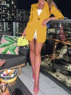 Women's Blazer Party Xmas Button Solid Color Christmas Casual / Daily Fashion Loose Fit Outerwear Long Sleeve Fall Yellow S -Xmas Cothing Store edyche1695635433171