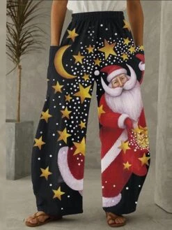 Women's Pants Xmas Trousers Black Casual / Sporty Athleisure Christmas Weekend Side Pockets Wide Leg Micro-elastic Full Length Comfort Star S M L XL 2XL