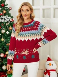 Women's Pullover Sweater Jumper Crew Neck Crochet Knit Acrylic Polyester Embroidery Spring Fall Winter Christmas Daily Holiday Stylish Casual Long Sleeve Snowman Xmas Tree Snowflake Red Blue