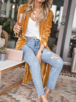 Women's Velvet Blazer Long Trench Coat Christmas Party Xmas Outfit Open Front Windproof Warm Winter Coat Fall Stylish Modern Casual Jacket Long Sleeve Plain Oversize Black Yellow Red -Xmas Cothing Store egdixq1695715048713
