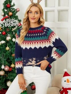 Women's Pullover Sweater Jumper Crew Neck Crochet Knit Acrylic Polyester Embroidery Spring Fall Winter Christmas Daily Holiday Stylish Casual Long Sleeve Snowman Xmas Tree Snowflake Red Blue -Xmas Cothing Store egssfq1693561356364