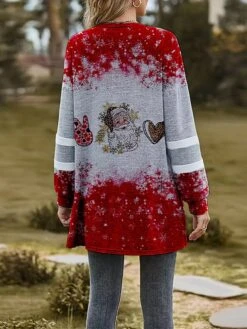 Women's Christmas Jacket Santa Print Coat Party Xmas Wear Fall Zipper Coat Red Winter Jacket