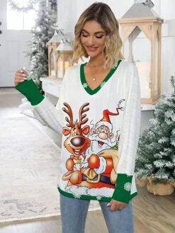 Women's Ugly Christmas Sweater Pullover Sweater Jumper V Neck Ribbed Knit Polyester Knitted Print Fall Winter Regular Outdoor Christmas Holiday Daily Stylish Casual Long Sleeve Santa Claus Elk Wine -Xmas Cothing Store eipprb1697771287321