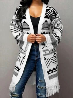 Women's Sweater Coat Cardigan Sweater Jacket Open Front Tassel Ribbed Knit Polyester Knitted Print Fall Winter Long Outdoor Christmas Daily Stylish Casual Soft Long Sleeve Geometric White S
