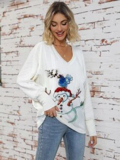 Women's Ugly Christmas Sweater Pullover Sweater Jumper V Neck Ribbed Knit Polyester Knitted Print Fall Winter Regular Outdoor Christmas Holiday Daily Stylish Casual Long Sleeve Snowman White Blue S M -Xmas Cothing Store ejmiyx1697697965292