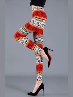 Women's Christmas Leggings Full Length Cotton Blend Print Micro-elastic High Waist Active Vacation Holiday Santa Claus Big Red Snowflake One-Size Fall Winter -Xmas Cothing Store ejrsct1696232180907