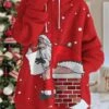 Women's Ugly Christmas Jacket Party Xmas Hooded Coat Santa Print Winter Drawstring Zipper Jacket Green Loose Fit Outerwear Long Sleeve Fall Claret S -Xmas Cothing Store emgmoe1697195715811