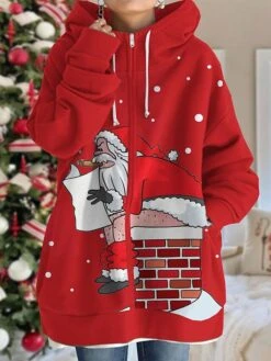 Women's Ugly Christmas Jacket Party Xmas Hooded Coat Santa Print Winter Drawstring Zipper Jacket Green Loose Fit Outerwear Long Sleeve Fall Claret S