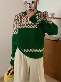 Women's Pullover Sweater Jumper Crew Neck Ribbed Knit Polyester Knitted Print Fall Winter Regular Outdoor Christmas Daily Stylish Casual Soft Long Sleeve Heart Red Blue Green One-Size