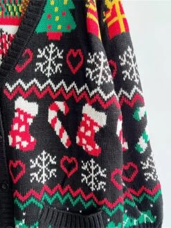 Women's Ugly Christmas Sweater Cardigan Sweater V Neck Ribbed Knit Polyester Button Fall Winter Regular Outdoor Xmas Daily Stylish Casual Soft Long Sleeve Heart Snowflake Black S M L -Xmas Cothing Store eopctp1696823469012