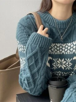Women's Ugly Christmas Sweater Pullover Sweater Jumper Christmas Sweaters Crew Neck Cable Knit Acrylic Knitted Fall Winter Regular Outdoor Christmas Daily Fashion Casual Soft Long Sleeve Elk Snowflake -Xmas Cothing Store epngjo1697785159001