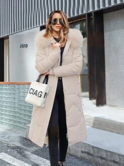 Women's Puffer Jacket Long With Pockets Fur Collar Coat Black Khaki Off-white Red Stylish Christmas Winter Zipper Hoodie Regular Fit L XL XXL XXXL / Daily / Casual / Windproof / Solid Color -Xmas Cothing Store eqgypq1642558001449