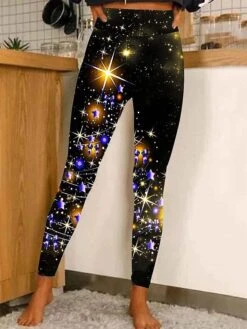 Women's Leggings Dark Yellow Black Golden Sparkle Sparkle & Shine Christmas Casual Xmas Leisure Sports Print Stretchy Ankle-Length Tummy Control Patterned S M L XL 2XL -Xmas Cothing Store esklnp1667208931939