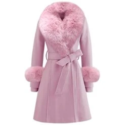 Women's Winter Coat Long Overcoat With Faux Fur Wool Blend Belted Dress Coat Open Front Lapel Pea Coat Fall Elegant Lady Jacket Christmas Party Xmas Outerwear Pink Red -Xmas Cothing Store esores1669601390454 1