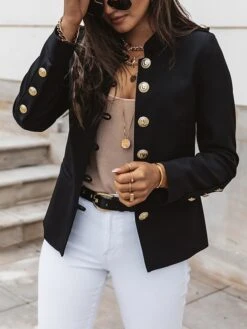 Women's Blazer Xmas Office Christmas Work Spring Fall Regular Coat Stand Collar Regular Fit Windproof Breathable Stylish Contemporary Modern Style Jacket Long Sleeve Plain Slim Fit Black Red Dark Navy -Xmas Cothing Store esyinz1685344075076