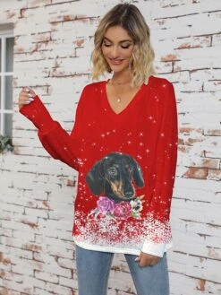 Women's Ugly Christmas Sweater Pullover Sweater Jumper V Neck Ribbed Knit Polyester Knitted Print Fall Winter Regular Outdoor Christmas Holiday Daily Stylish Casual Long Sleeve Animal Snowflake Wine -Xmas Cothing Store eszbir1697626860360
