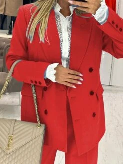 Women's Blazer Suits Fall 2 Pcs Blazer & Pants Double Breasted Lapel Blazer Party Christmas Outfit Office Xmas Casual Stylish Jacket Long Sleeve Fall Black Red Outerwear